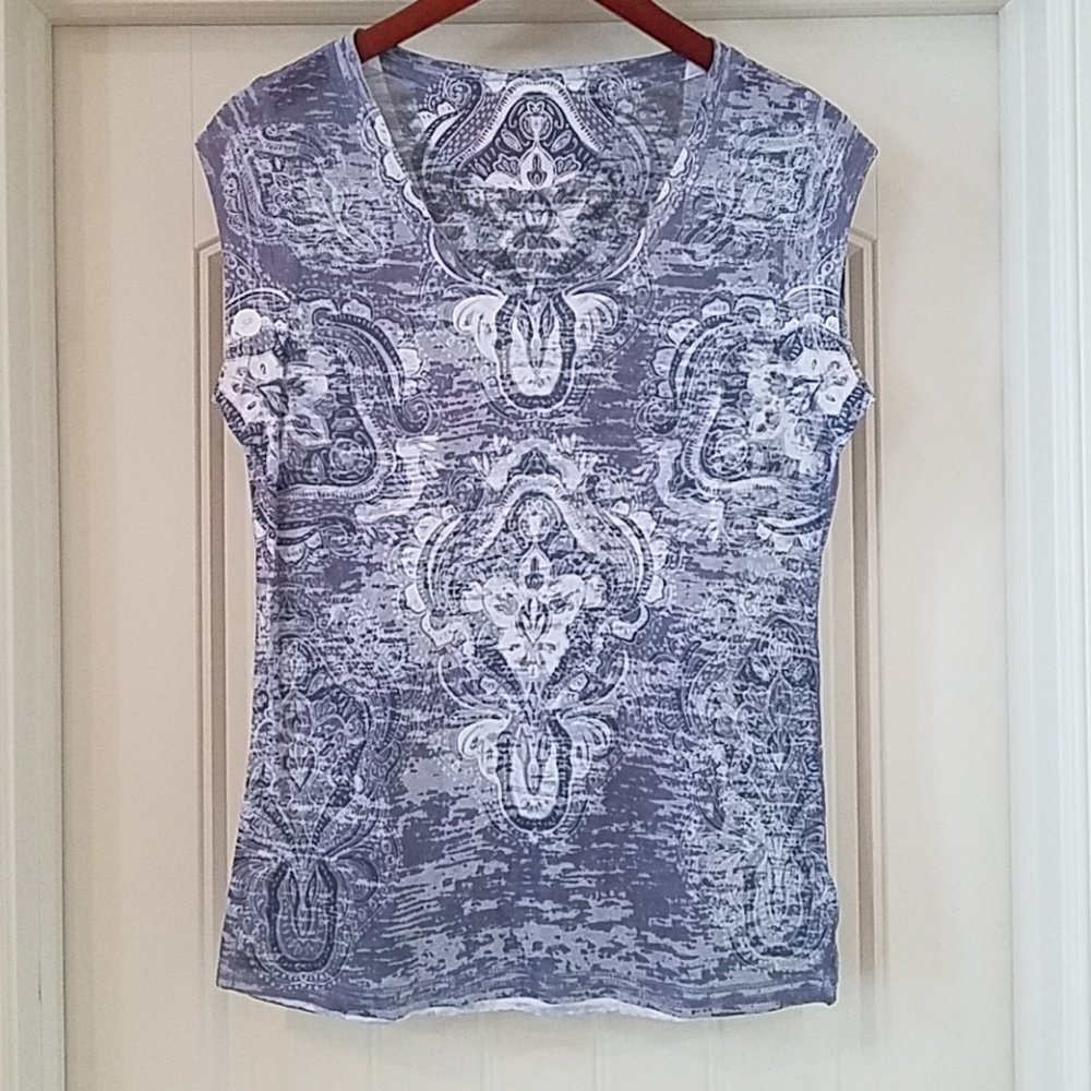 Calvin Klein Gray Fitted Paisley Cap Sleeve Tee L